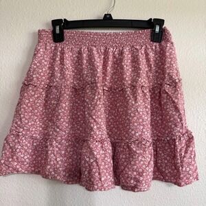 Hollister A-Line Tiered Skirt Women's Medium Rose Pink Floral Elastic Waist Mini
